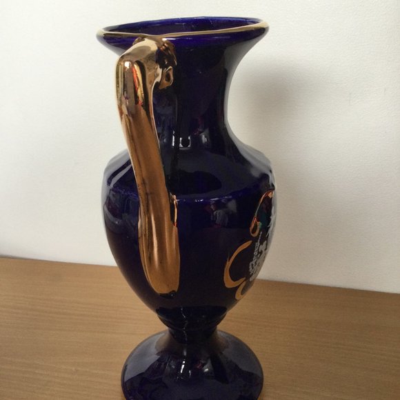 VTG Cobalt Blue 9 3/4" ceramic vase gold gild handles made in Italy white angel - Picture 4 of 9